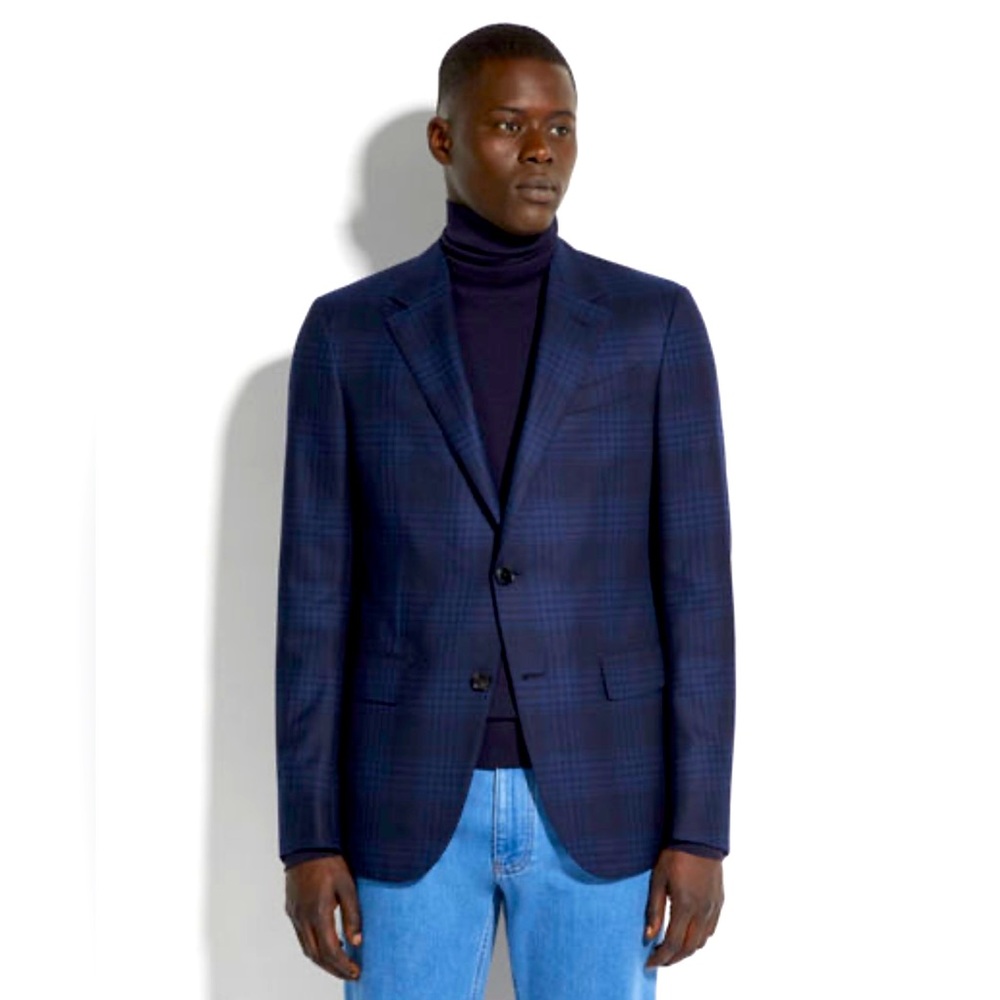 Saks Fifth Avenue Zegna Italian Silk & Wool Navy Blue & Blue Traveler Jacket 42S
